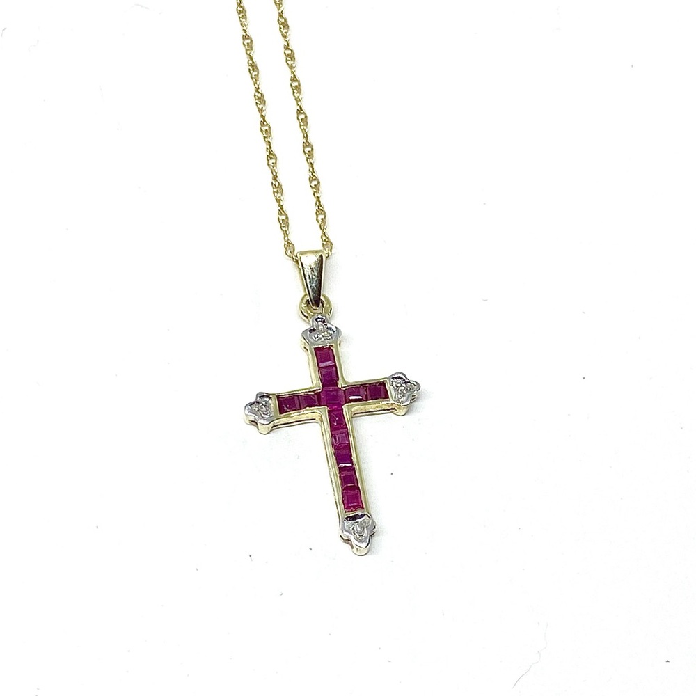 Vintage 10k Solid Yellow Gold Ruby Diamond Cross … - image 1